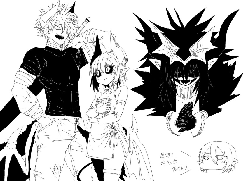 1boy, 2girls, beelzebub_(shinrabanshou), black_horns, black_sclera, black_shirt, book, demon_horns