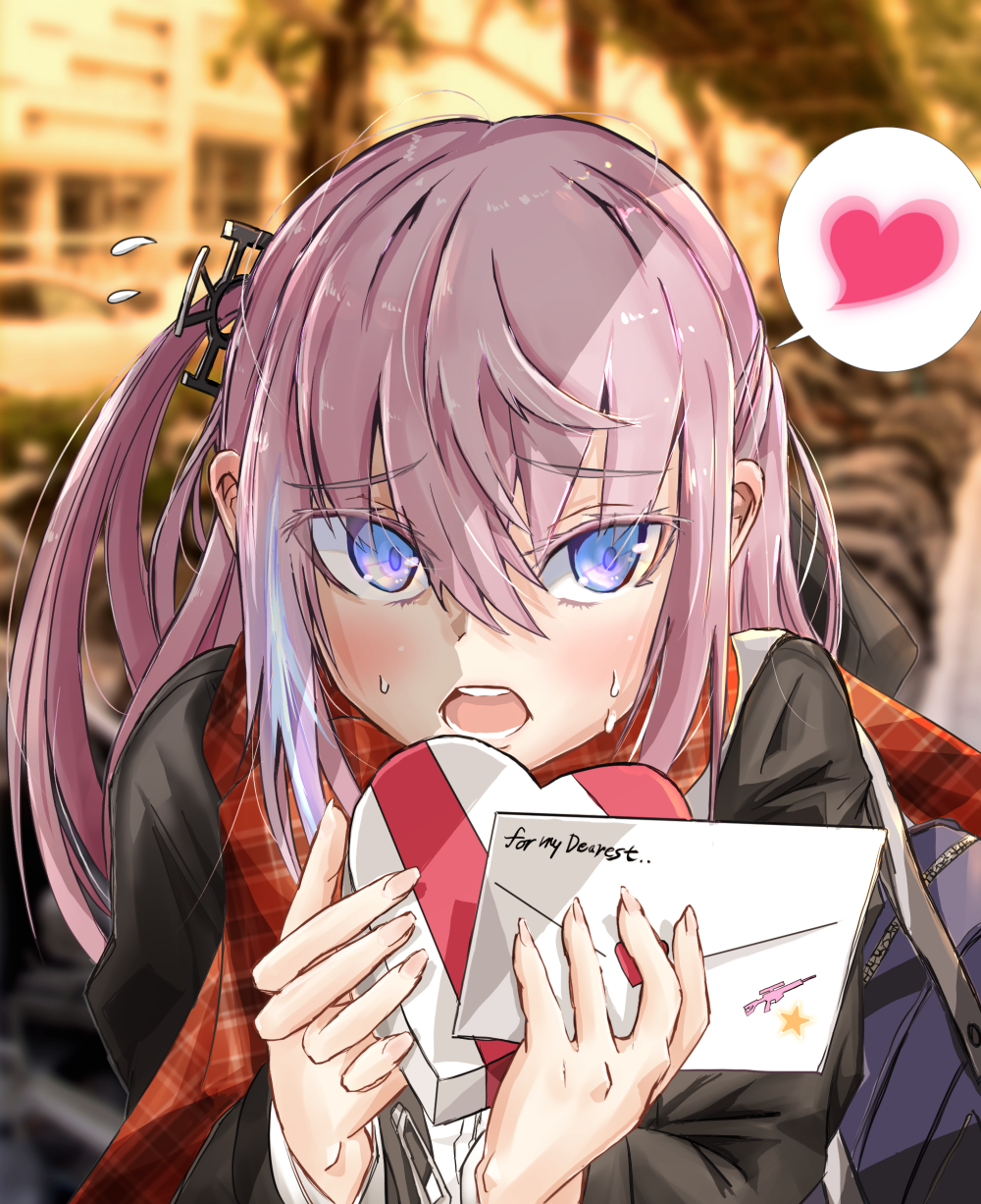 1girl, bag, blue_eyes, flying_sweatdrops, girls_frontline, hair_between_eyes, heart, highres