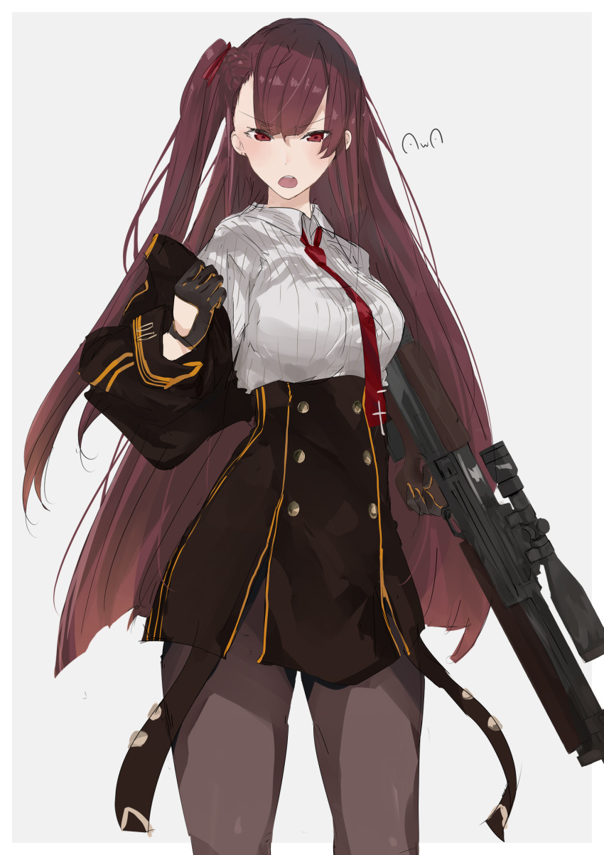 1girl, black_gloves, breasts, bullpup, girls_frontline, gloves, grey_background, gun