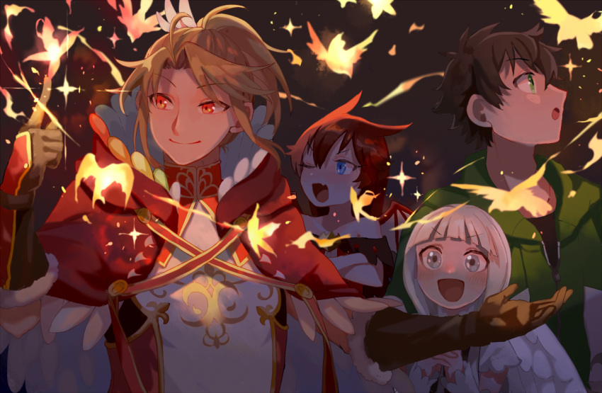 2boys, 2girls, bangs, blonde_hair, blunt_bangs, brown_hair, cape, character_request