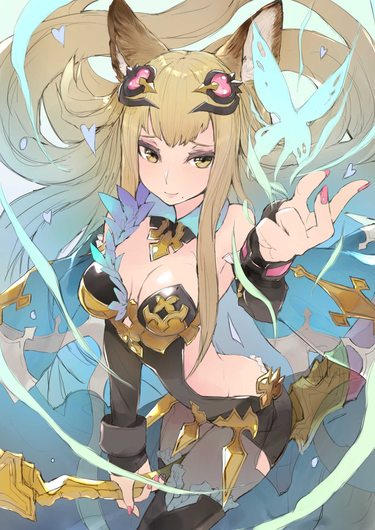 animal_ears, bana_(stand_flower), bangs, between_legs, blonde_hair, bow_(weapon), breasts, bug