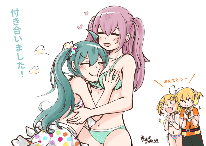 1boy, 3girls, ahoge, alternate_hairstyle, aqua_bikini, aqua_hair, belt, bikini, black_pants, blonde_hair, blush, bockdog, bow, breast_grab, chibi, chibi_inset, clapping, closed_eyes, commentary, dated, grabbing, hair_bow, hair_ornament, hair_scrunchie, hairclip, hatsune_miku, head_in_chest, headphones, heart, kagamine_len, kagamine_rin, long_hair, megurine_luka, multiple_girls, navel, orange_shirt, pants, pink_hair, polka_dot, polka_dot_bikini, scrunchie, shirt, short_ponytail, smile, striped, striped_bikini, swimsuit, translated, twintails, upper_body, v-shaped_eyebrows, vocaloid, white_background, white_bow, yuri