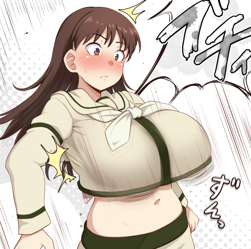 1girl, alternate_breast_size, blush, breasts, brown_eyes, brown_hair, commentary_request, highres, huge_breasts, kantai_collection, long_hair, midriff, navel, ooi_(kantai_collection), popped_button, remodel_(kantai_collection), ryuun_(stiil), school_uniform, serafuku, solo, surprised, upper_body, wardrobe_malfunction