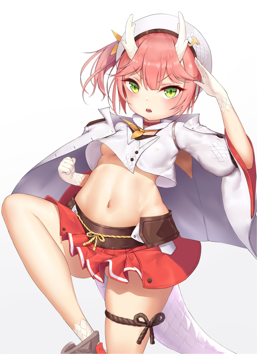 1girl, azur_lane, beret, blush, breasts, dragon_girl, dragon_horns, dragon_tail, eyebrows_visible_through_hair, gloves, green_eyes, hat, highres, horns, kyuu_(16901040), looking_at_viewer, miniskirt, navel, open_mouth, pink_hair, pleated_skirt, red_skirt, ribbon, ryuujou_(azur_lane), shirt, short_ponytail, skirt, small_breasts, solo, tail
