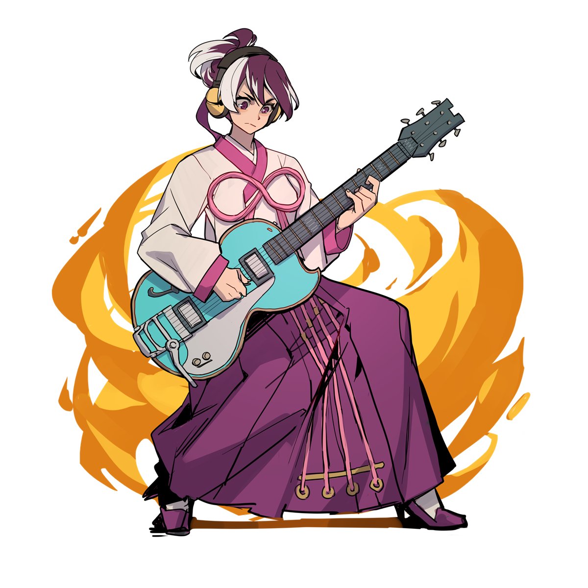 1girl, :<, electric_guitar, full_body, guilty_gear, guilty_gear_xrd, guitar, headphones