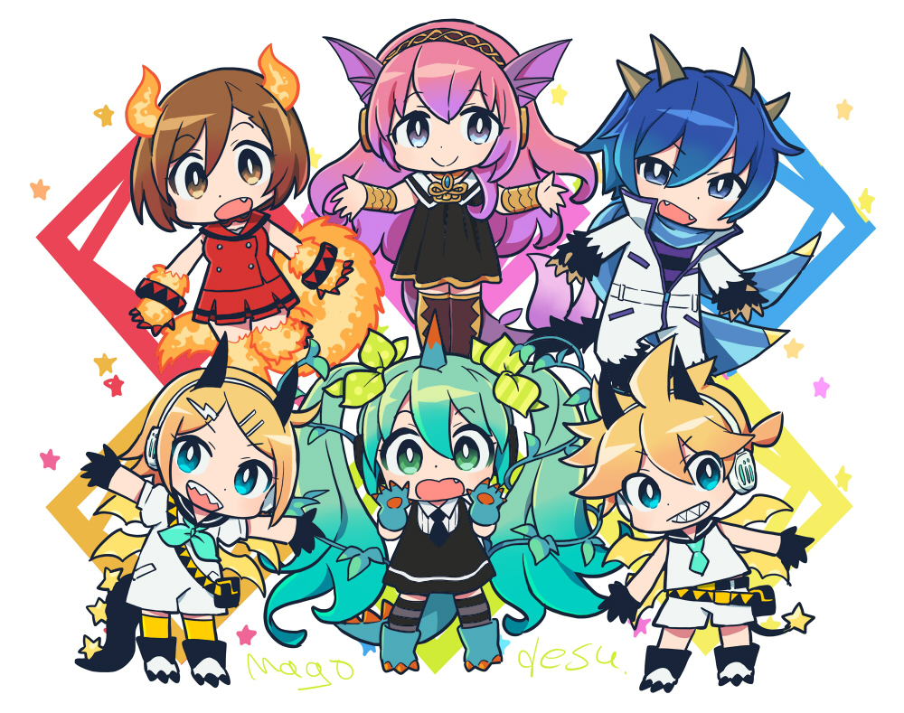 2boys, 4girls, aqua_hair, bangs, bare_shoulders, black_dress, blonde_hair, blue_eyes