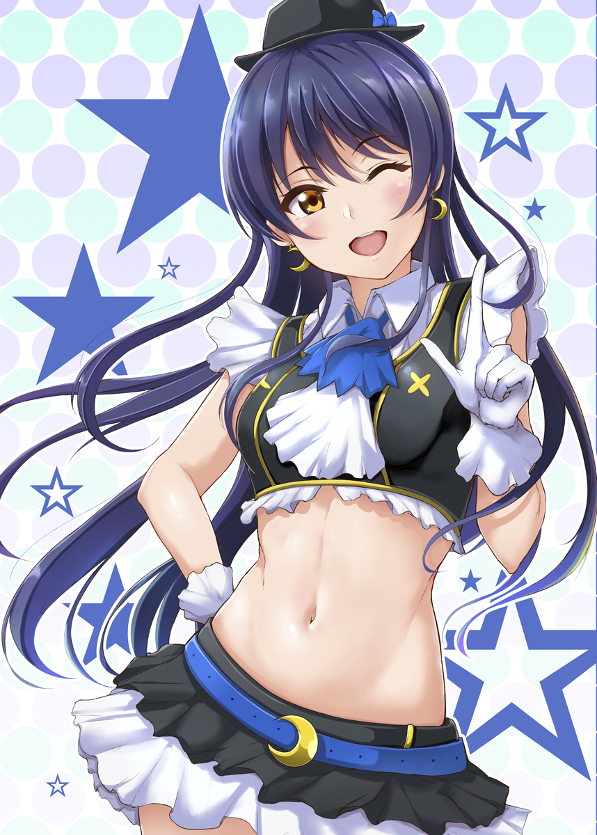 1girl, bangs, blue_hair, blush, ca_ba_ya_ki, commentary_request, crop_top, earrings