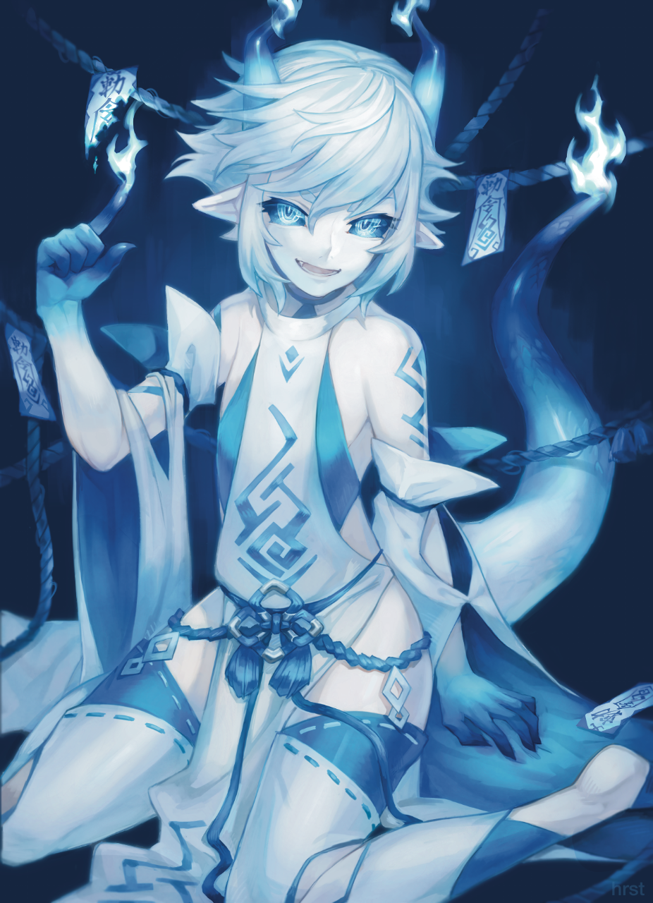 :d, ambiguous_gender, arm_tattoo, bare_shoulders, blue_eyes, blue_fire, blue_sclera, blue_skin