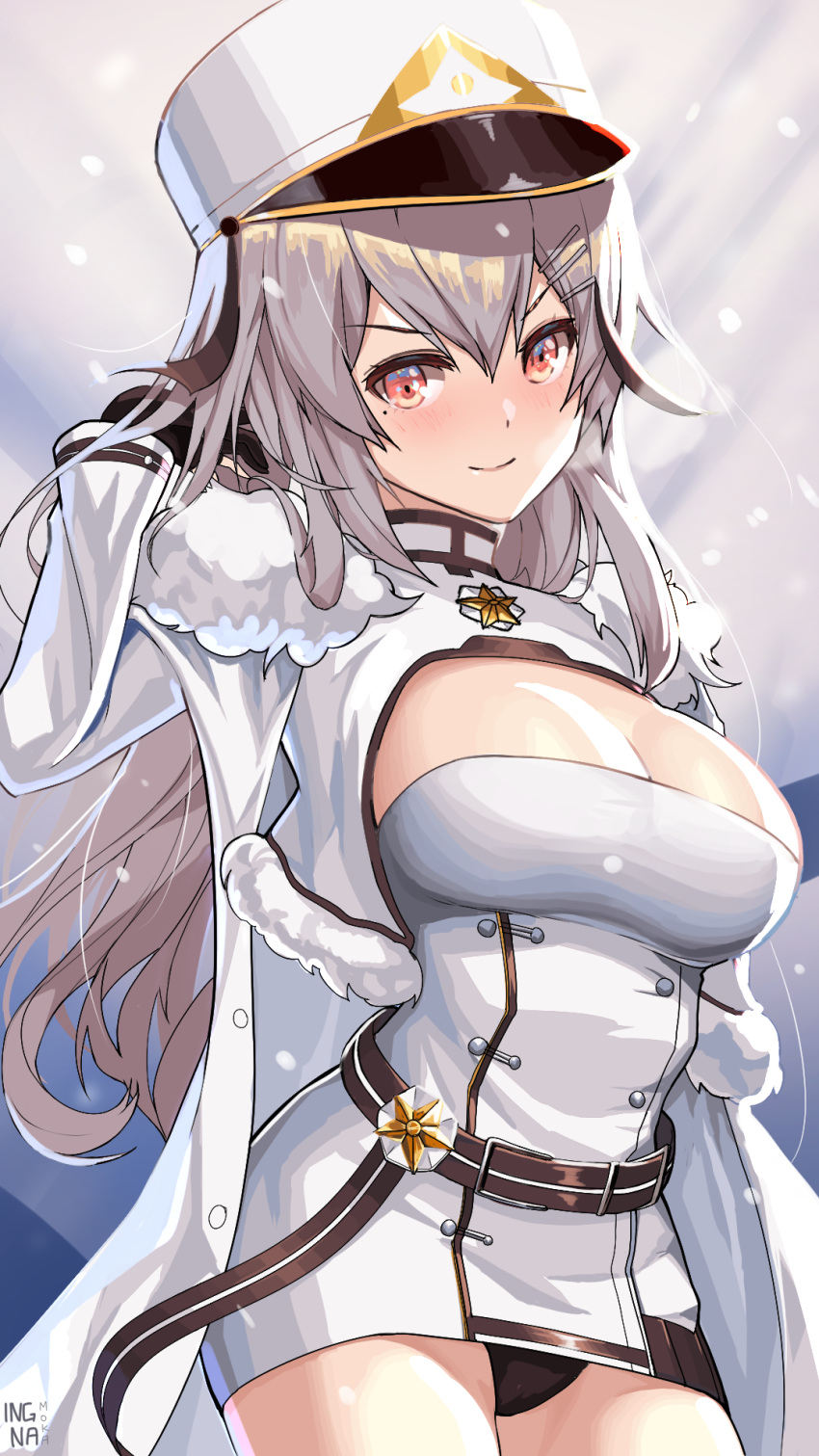 1girl, artist_name, azur_lane, bangs, belt, black_panties, blush, breasts, buttons, closed_mouth, coat, commentary, cowboy_shot, double-breasted, fur-trimmed_coat, fur_trim, gangut_(azur_lane), grey_hair, hair_between_eyes, hat, head_tilt, highres, large_breasts, long_hair, military, military_hat, military_uniform, mole, mole_under_eye, panties, pantyshot, pantyshot_(standing), pink_eyes, sidelocks, signature, smile, solo, standing, team_moka, underwear, uniform, white_coat