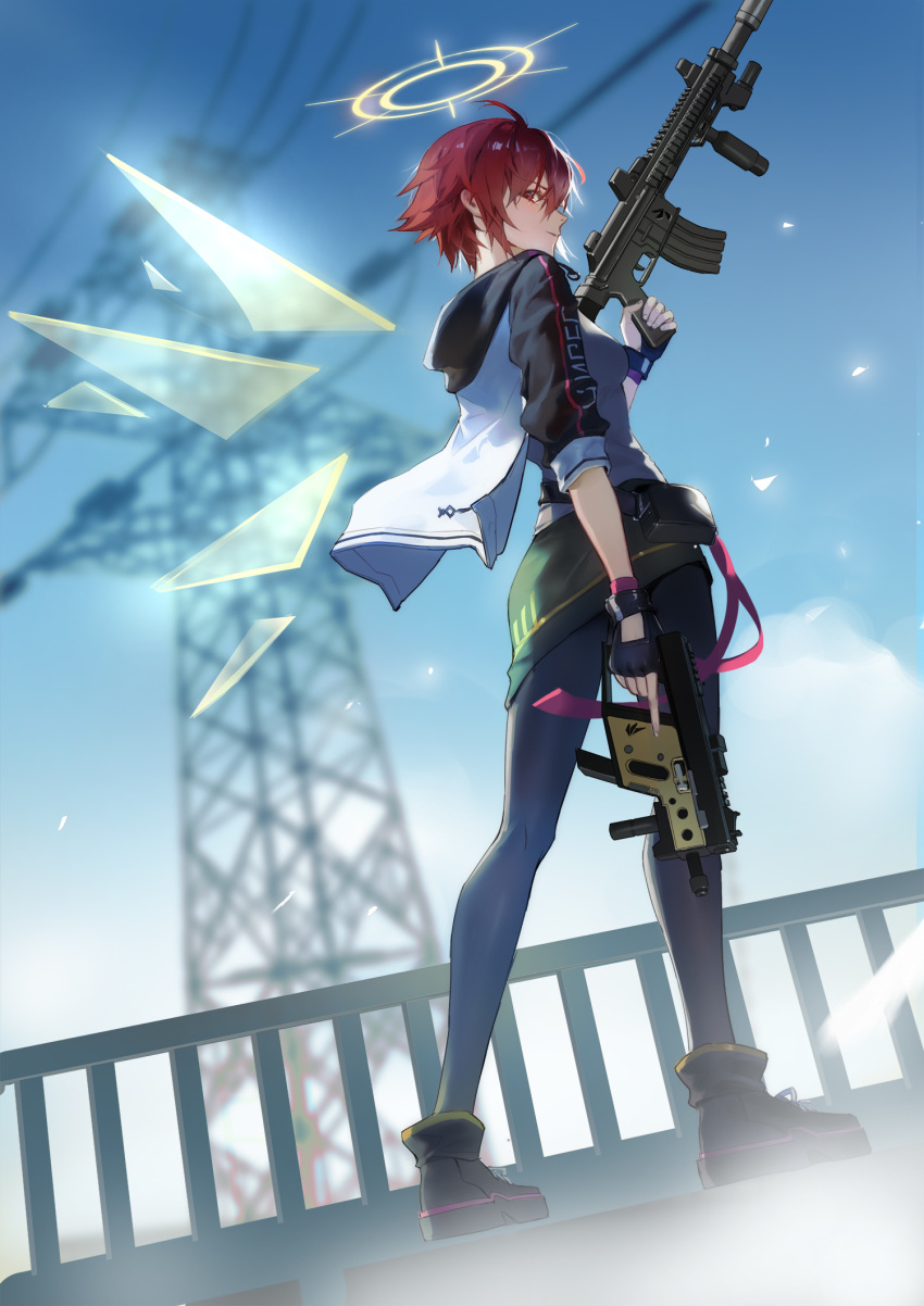 1girl, ahoge, arknights, bangs, black_footwear, black_gloves, black_legwear, black_skirt