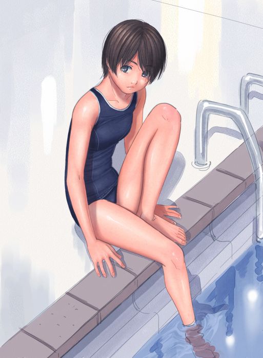 blue_eyes, brazen, brown_hair, one-piece_swimsuit, original, short_hair, sitting, soaking_feet