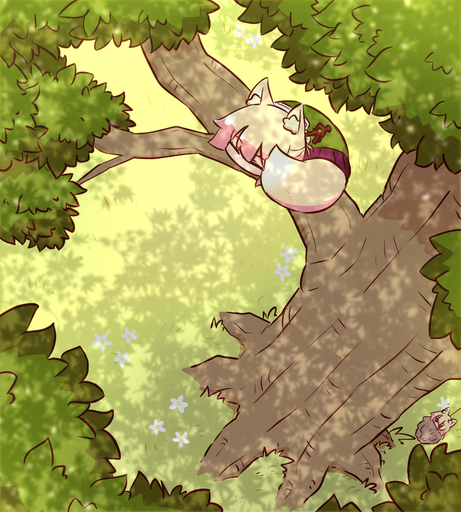 2girls, animal_ear_fluff, animal_ears, bagworm, bangs, blush, closed_eyes, day