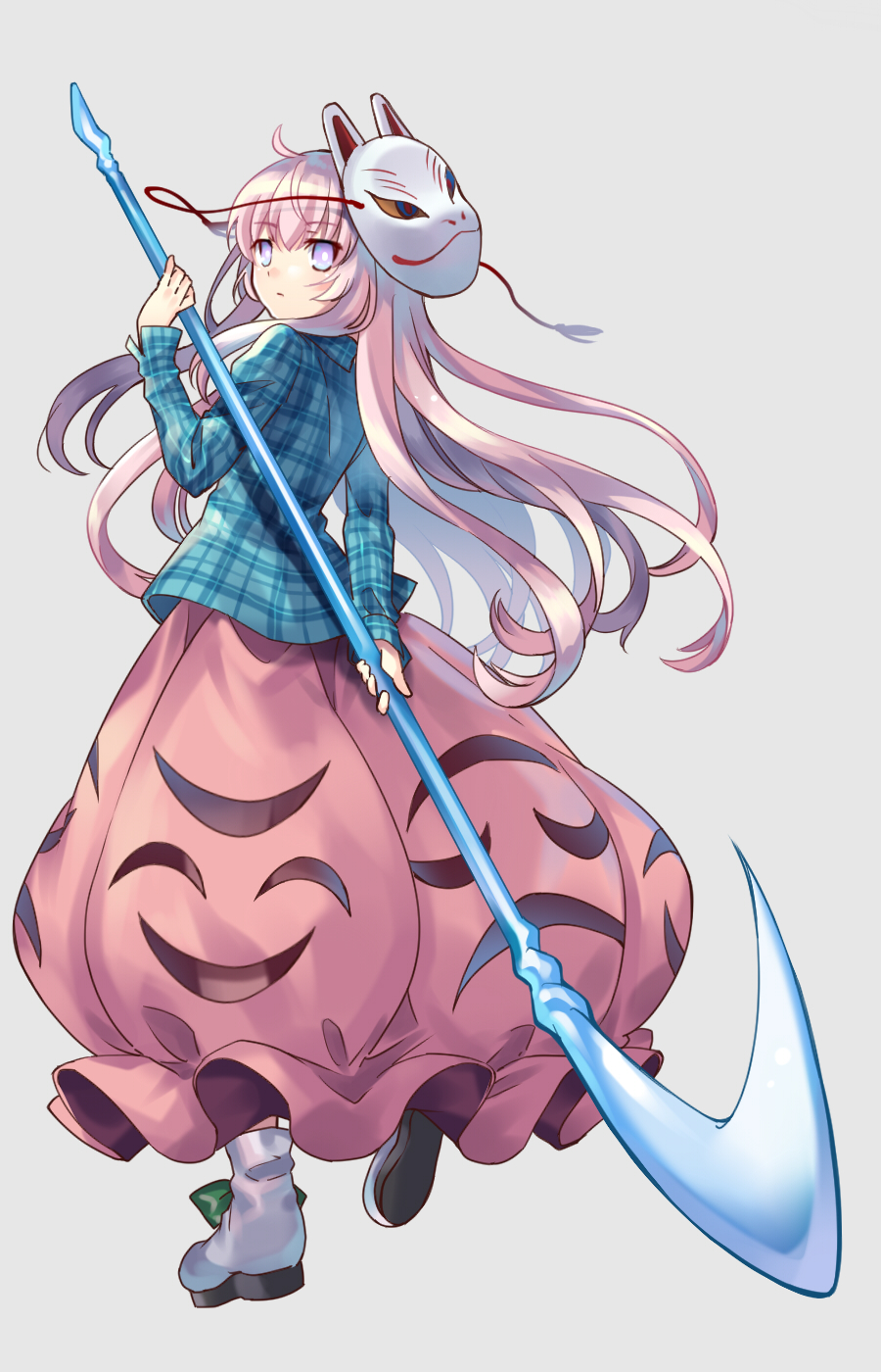 1girl, ahoge, bangs, blue_shirt, boots, bubble_skirt, commentary_request, eyebrows_visible_through_hair