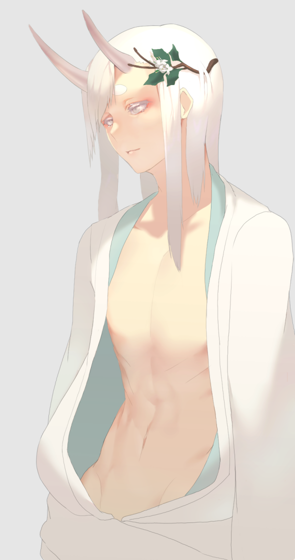 1boy, bishounen, closed_mouth, grey_background, grey_eyes, horns, japanese_clothes, kimono, long_hair, male_focus, mirukia, navel, oni, oni_horns, original, short_eyebrows, simple_background, smile, solo, white-hair, white_kimono