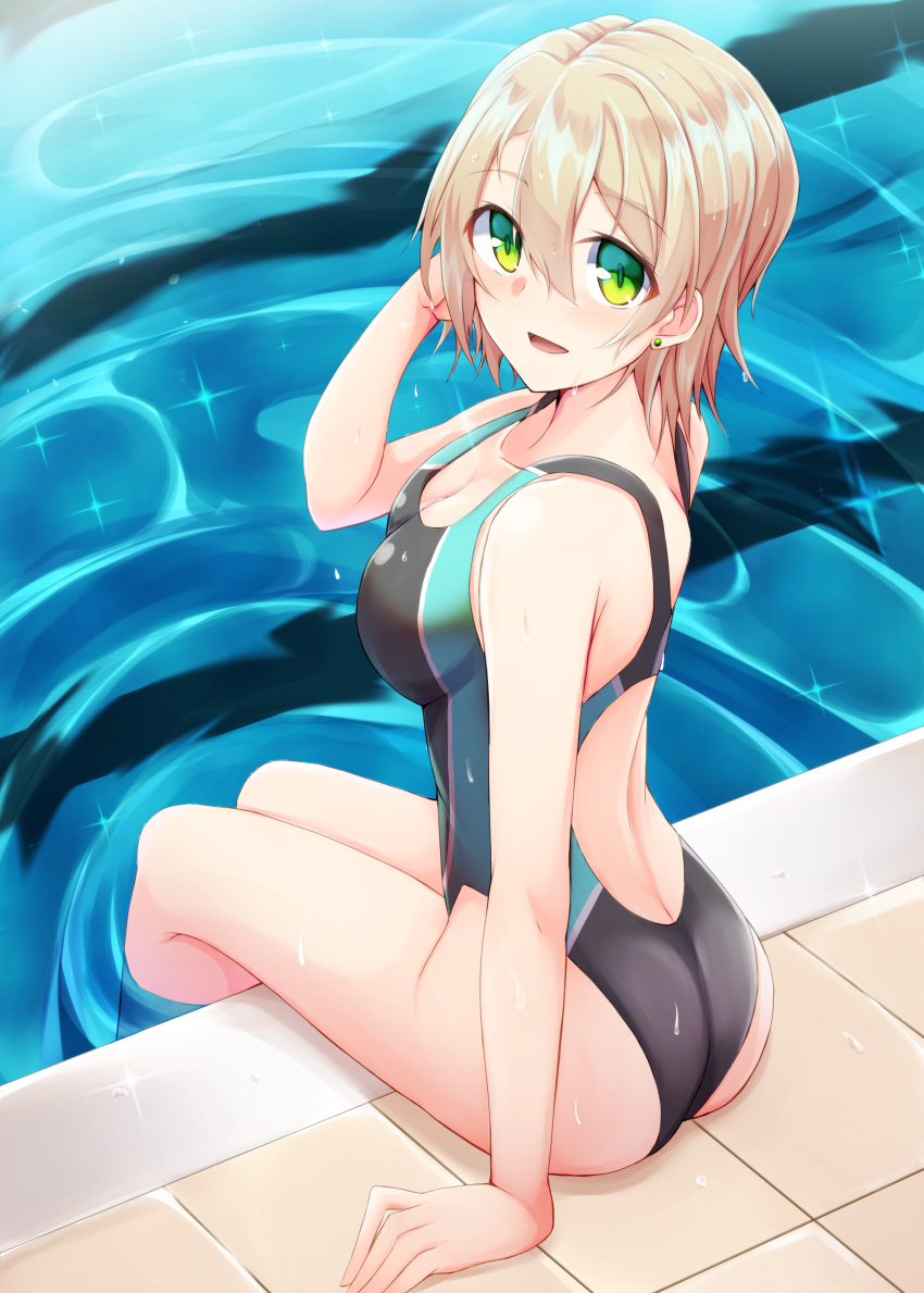 1girl, :d, absurdres, aqua_eyes, arm_support, ass, back, back_cutout