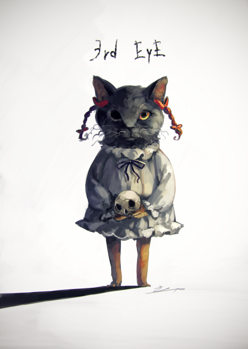 3rd_eye_(game), animal_ears, animal_head, barefoot, black_fur, braid, cat_ears, frilled_sleeves