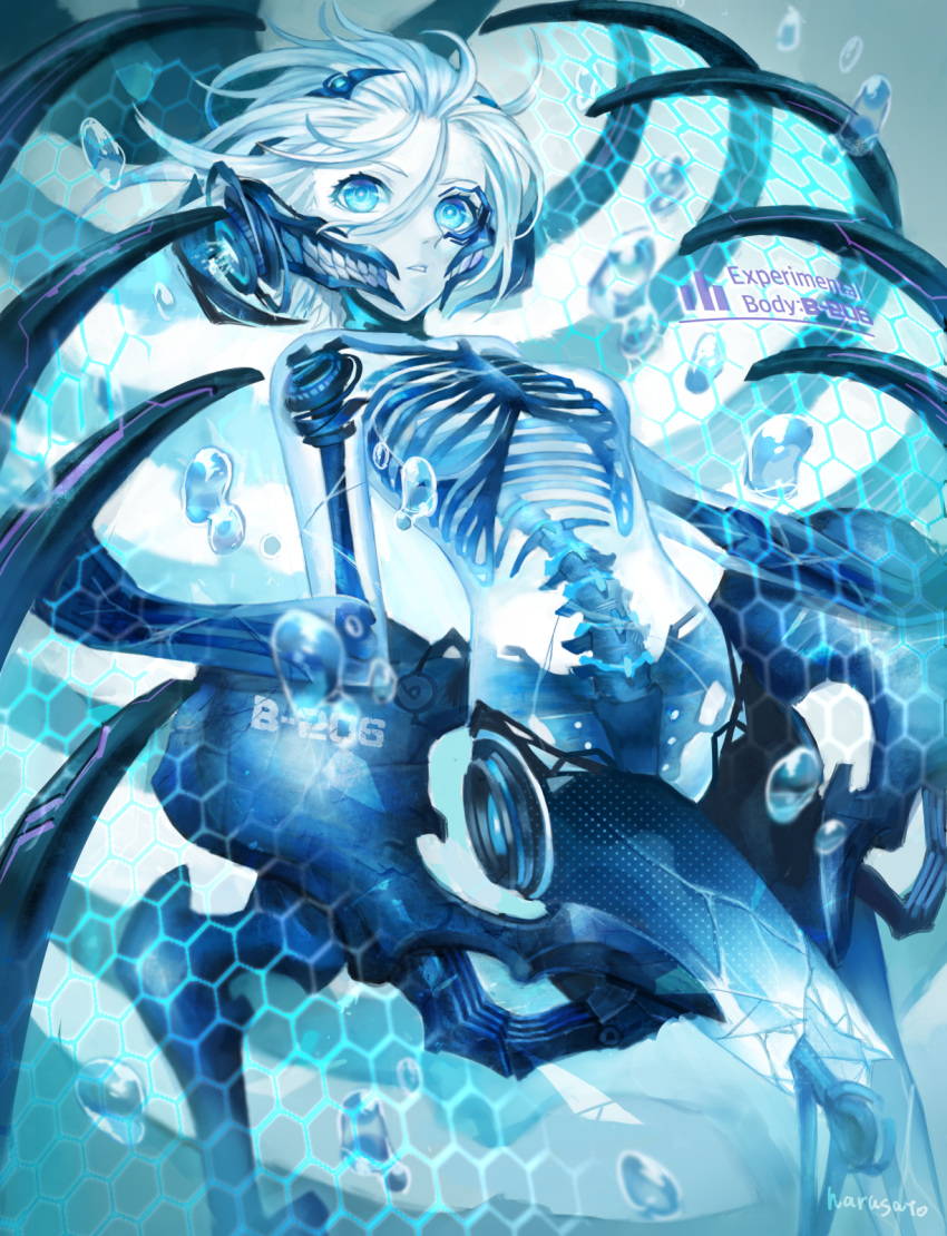 1girl, blue_eyes, bone, breasts, bubble, commentary_request, crack, cybernetic_parts, cyberpunk, cyborg, hair_between_eyes, harusatonougyou, headgear, highres, hip_bones, hologram, looking_at_viewer, original, parted_lips, ribs, see-through, short_hair, skeleton, small_breasts, solo, spine, stasis_tank, submerged, white_hair, white_skin