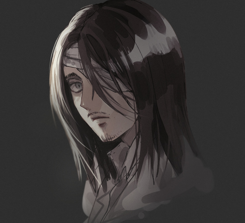 1boy, bandage_over_one_eye, bandages, beard, brown_hair, coat, eren_yeager, facial_hair