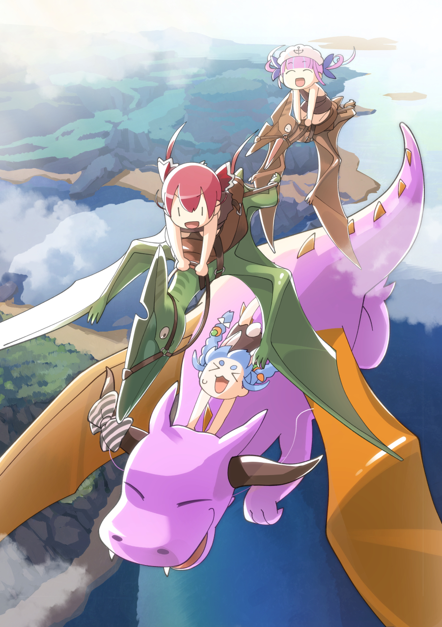 >_<, 4girls, :3, :d, animal_ears, ark_survival_evolved, blue_hair, bow