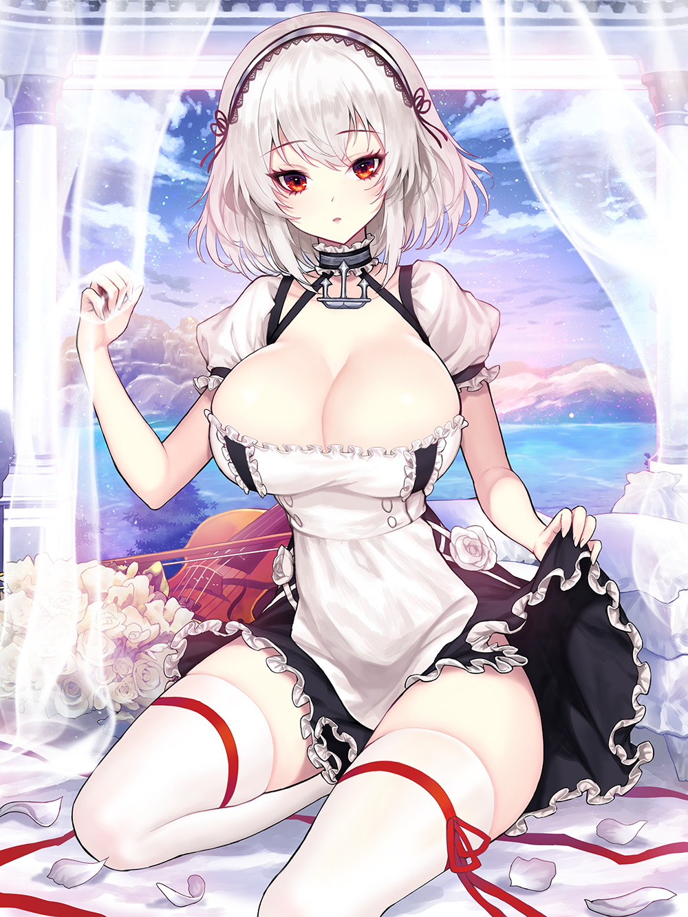 1girl, anchor, apron, azur_lane, bangs, bed_sheet, black_dress, black_ribbon