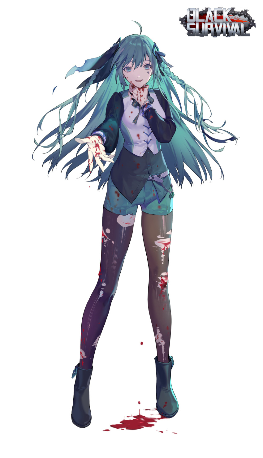 1girl, :d, absurdres, black_footwear, black_ribbon, black_shirt, black_survival, blood, blood_drip, bloody_clothes, blue_eyes, blue_hair, blue_shorts, boots, braid, brown_legwear, copyright_name, emma_(black_survival), full_body, hair_ribbon, highres, legs_apart, long_hair, long_legs, long_sleeves, looking_at_viewer, open_mouth, pantyhose, ribbon, shirt, short_shorts, shorts, simple_background, smile, solo, torn_clothes, torn_legwear, vest, watermark, white_background, white_vest, yamakawa