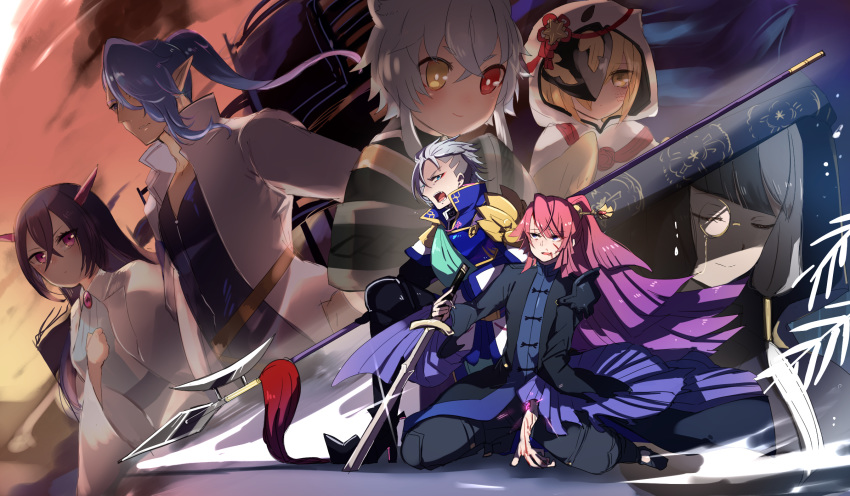 2girls, 4boys, :o, animal_ears, black_hair, bleeding, blonde_hair, blood