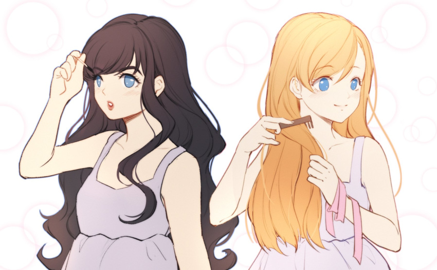 2girls, applying_makeup, bangs, black_hair, blonde_hair, blue_eyes, comb, combing