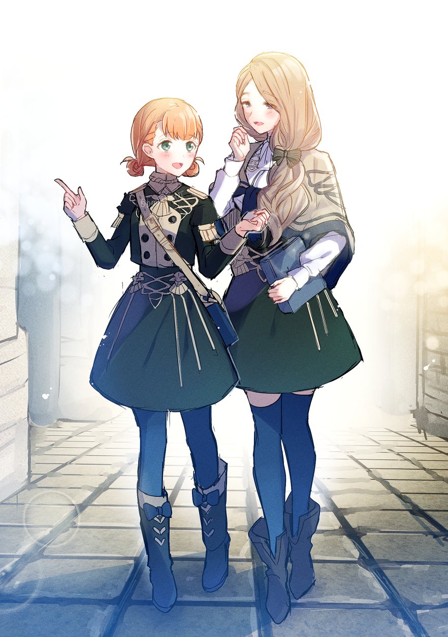 2girls, alpha_(eren_mfmf), annette_fantine_dominic, blonde_hair, blue_eyes, blue_legwear, book, boots