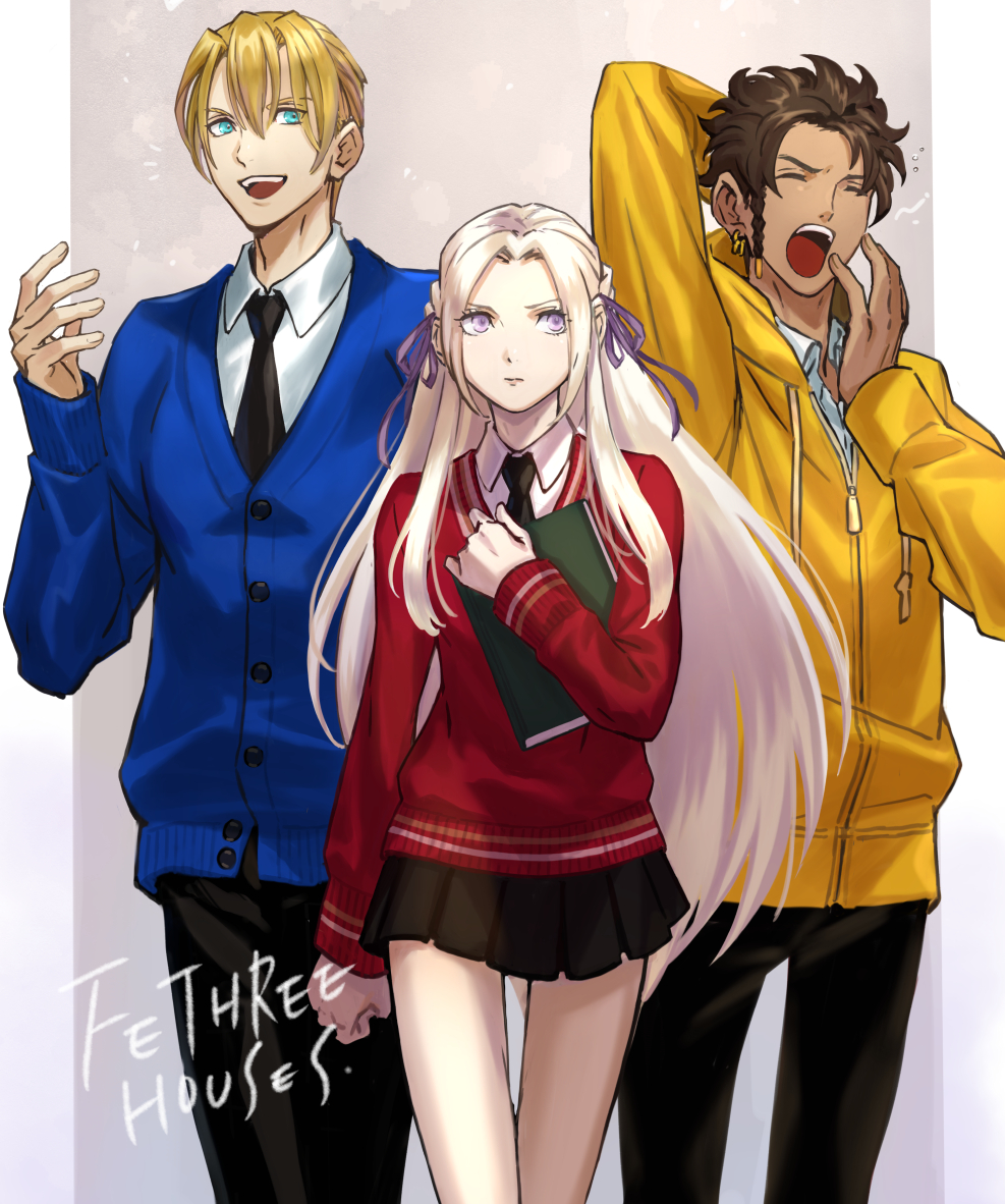 1girl, 2boys, alternate_costume, black_skirt, blonde_hair, blue_eyes, book, braid, brown_hair, claude_von_riegan, closed_eyes, closed_mouth, contemporary, copyright_name, dark_skin, dark_skinned_male, dimitri_alexandre_blaiddyd, earrings, edelgard_von_hresvelg, fire_emblem, fire_emblem:_three_houses, fire_emblem:_three_houses, fire_emblem_16, hair_ribbon, holding, holding_book, intelligent_systems, jacket, jewelry, long_hair, long_sleeves, misica, multiple_boys, necktie, nintendo, open_mouth, ribbon, short_hair, single_braid, skirt, violet_eyes, white_hair, yawning