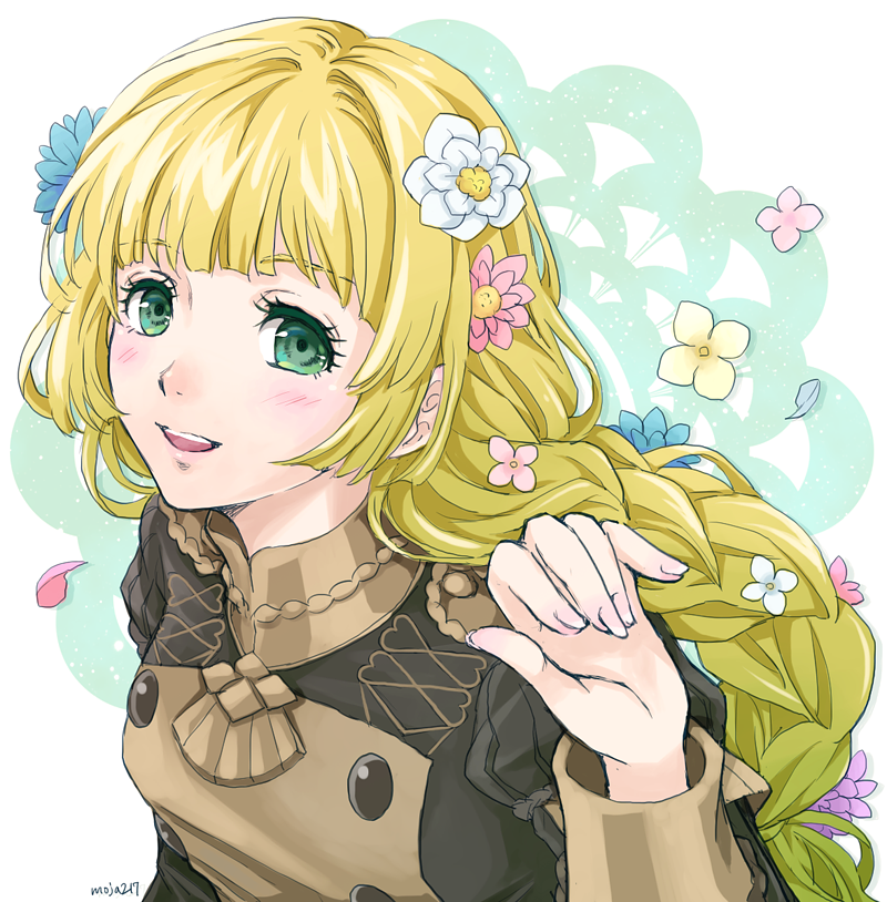 1girl, artist_name, blonde_hair, fire_emblem, fire_emblem:_three_houses, flower, garreg_mach_monastery_uniform, green_eyes