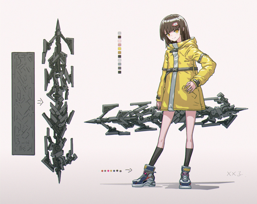 1girl, black_hair, black_legwear, hair_ornament, hand_on_hip, highres, holding, holding_weapon