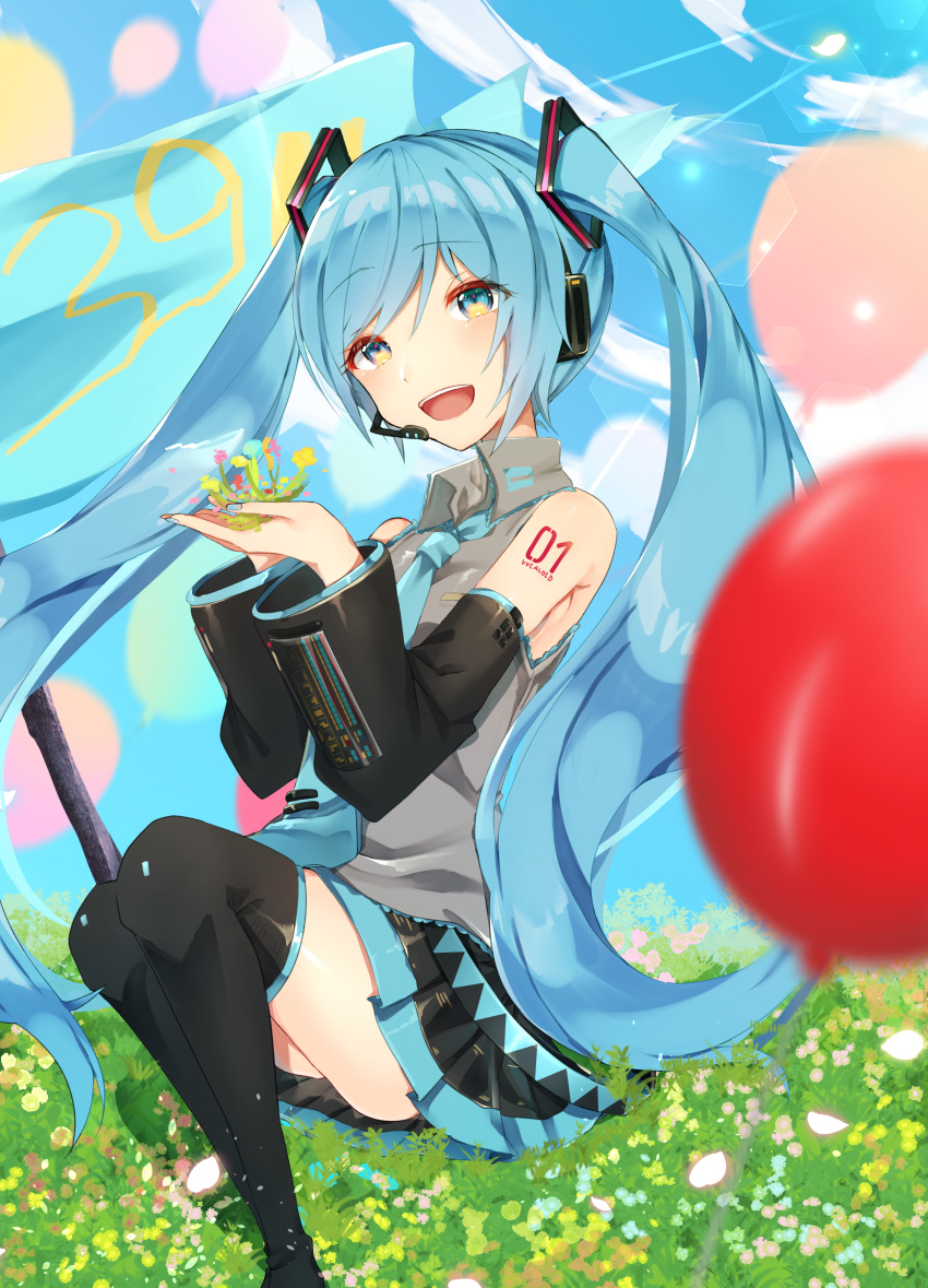 absurdres, aqua_eyes, aqua_hair, aqua_nails, aqua_neckwear, balloon, bare_shoulders, black_legwear