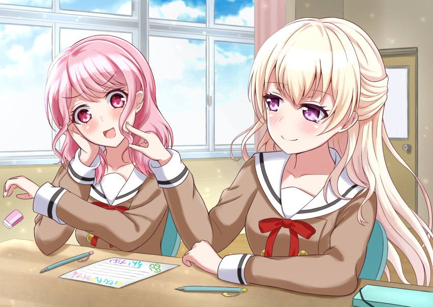 2girls, :d, bang_dream!, bangs, blonde_hair, blush, brown_serafuku, buttons