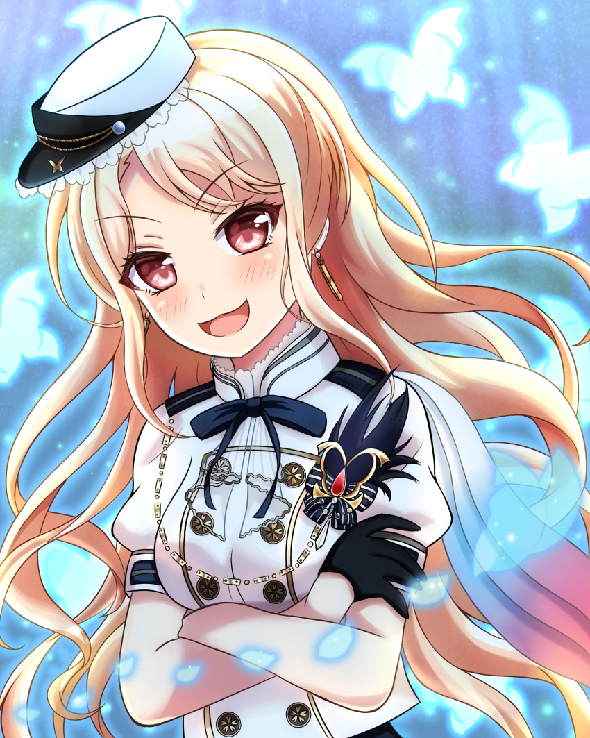 1girl, :3, :d, asymmetrical_bangs, bang_dream!, bang_dream!_girls_band_party!, bangs, black_gloves, blonde_hair, blue_background, blue_butterfly, blue_ribbon, blush, breasts, buttons, chain, commentary_request, crossed_arms, earrings, eyebrows_visible_through_hair, gloves, half_gloves, hat, highres, jewelry, kirigaya_toko, kurauchin_start, light_particles, long_hair, looking_at_viewer, medium_breasts, mini_hat, open_mouth, partial_commentary, pink_eyes, puffy_short_sleeves, puffy_sleeves, ribbon, short_sleeves, sidelocks, smile, solo, uniform, upper_body, wavy_hair, white_headwear, white_uniform