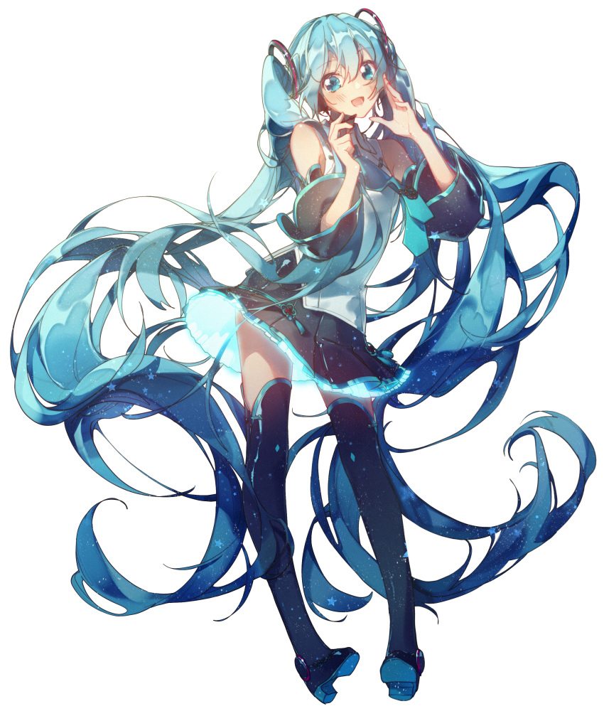 1girl, absurdly_long_hair, absurdres, aqua_eyes, aqua_hair, aqua_neckwear, bare_shoulders, black_legwear