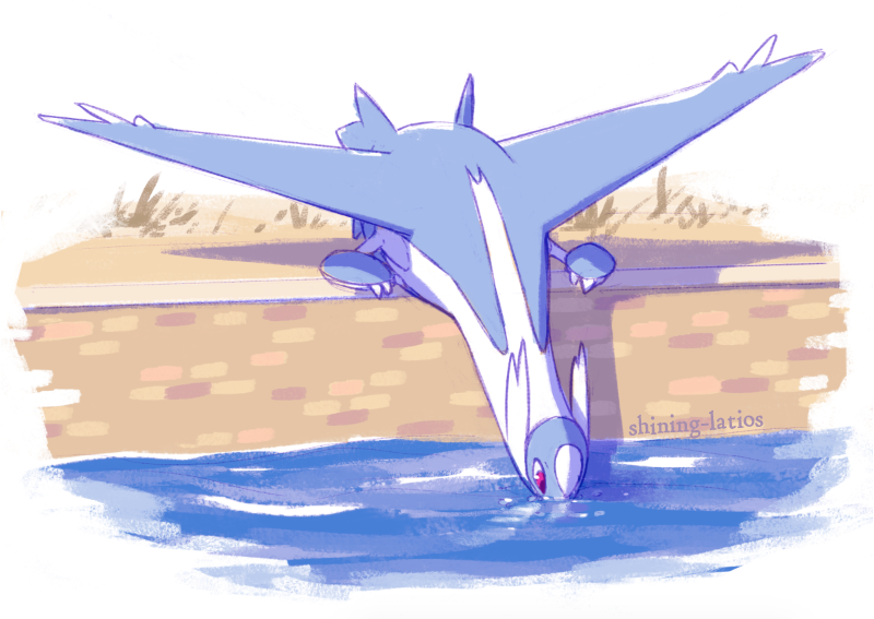 commentary, creature, drinking, english_commentary, full_body, galahawk, gen_3_pokemon, latios, legendary_pokemon, no_humans, photo-referenced, pokemon, pokemon_(creature), tumblr_username, violet_eyes, water
