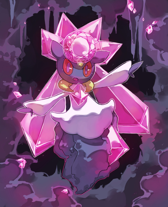 cave, commentary, creature, diancie, english_commentary, full_body, gen_8_pokemon, looking_at_viewer