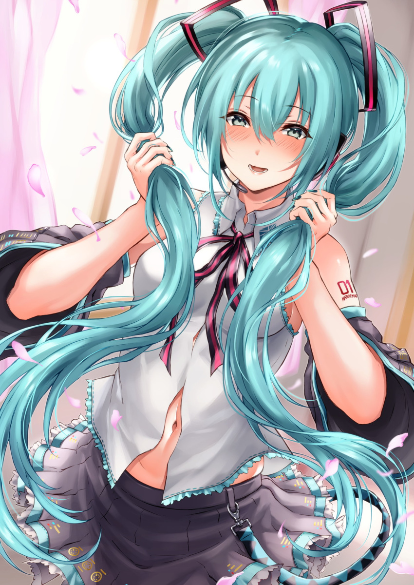 1girl, :d, aqua_eyes, aqua_hair, arm_tattoo, bangs, bare_shoulders, black_skirt