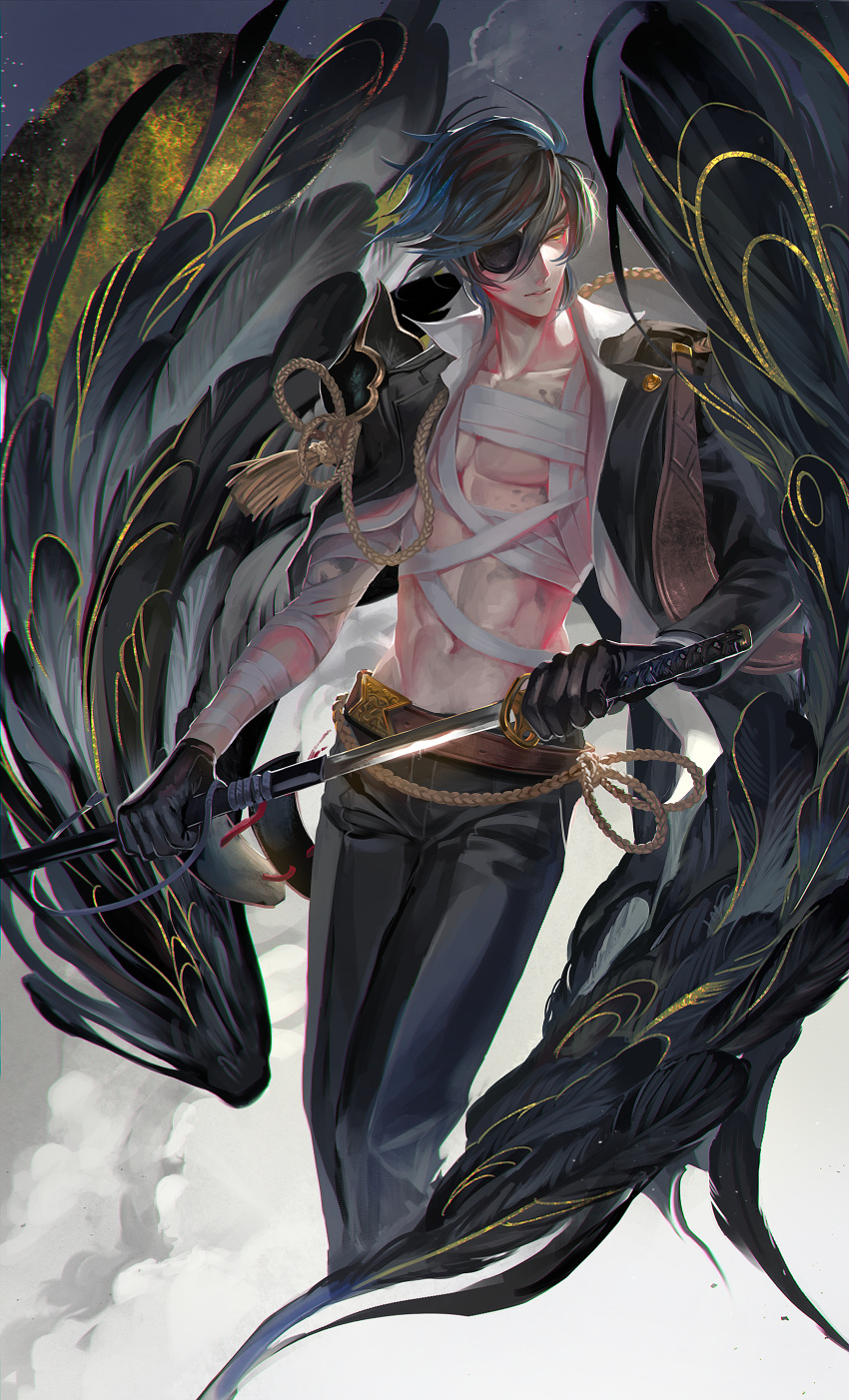 1boy, absurdres, bandages, bare_chest, black_gloves, black_hair, drawing_sword, egawa_akira
