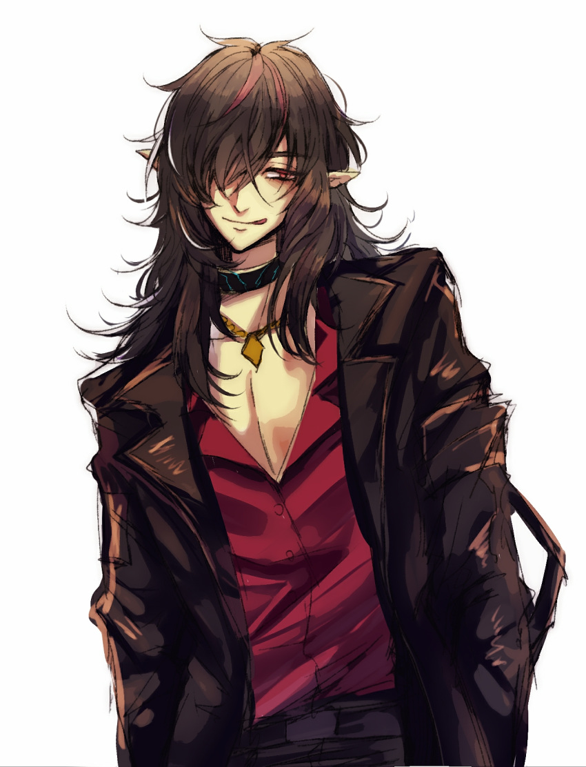 1boy, :q, arknights, black_hair, blazer, choker, hair_over_one_eye, highres