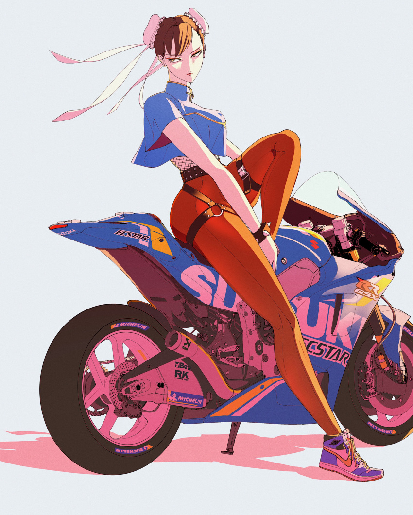 1girl, absurdres, adapted_costume, belt, bracelet, breasts, brown_eyes, brown_hair, brown_legwear, bun_cover, chun-li, commentary, crop_top, crop_top_overhang, double_bun, english_commentary, fishnet_top, ground_vehicle, highres, jewelry, large_breasts, leaning_against_motorcycle, long_legs, motor_vehicle, motorcycle, nike, o-ring, on_motorcycle, pantyhose, product_placement, seamed_legwear, shoes, sneakers, solo, spiked_bracelet, spikes, street_fighter, street_fighter_ii_(series), studded_belt, suzuki, thigh_strap, vinne
