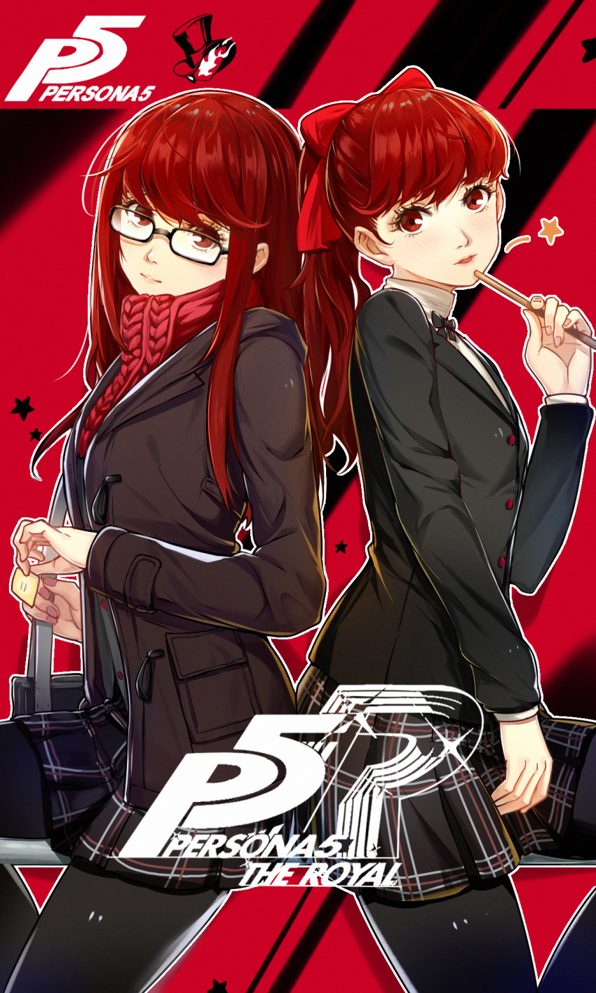 1girl, alternate_hairstyle, atlus, bag, black_bow, black_jacket, blush, bow, buttons, closed_mouth, commentary_request, cute, dual_persona, glasses, hair_between_eyes, hair_bow, highres, holding, holding_bag, ijuun, jacket, lips, logo, long_hair, looking_at_viewer, megami_tensei, open_mouth, parted_lips, persona, persona_5, persona_5_the_royal, pocket, ponytail, red_bow, red_eyes, red_scarf, redhead, scarf, school_bag, school_uniform, sega, shin_megami_tensei, shuujin_academy_uniform, skirt, spoilers, star, thigh-highs, uniform, yoshizawa_kasumi