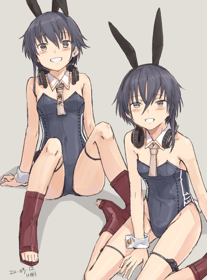 2girls, adapted_costume, animal_ears, artist_name, ascot, asymmetrical_hair, beige_neckwear, black_hair