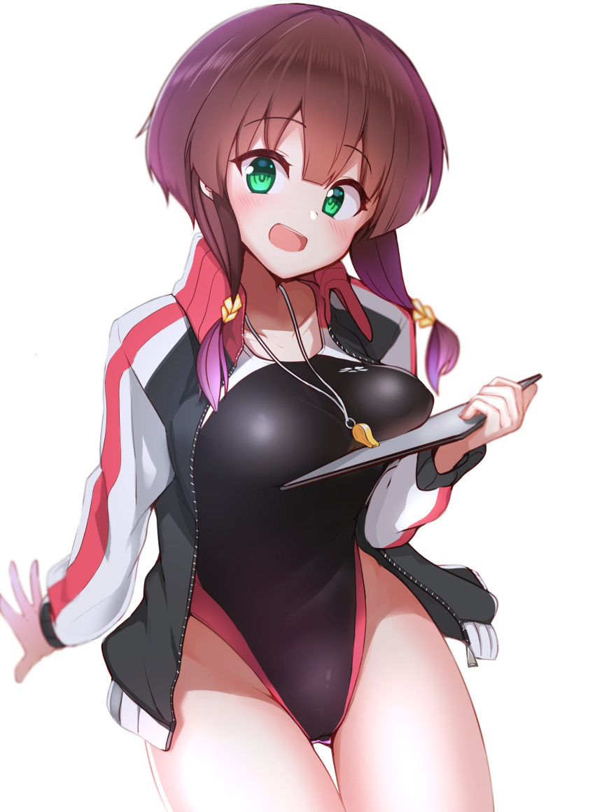 1girl, azu_ankoowl, black_hair, black_swimsuit, breasts, clipboard, commentary_request, cowboy_shot