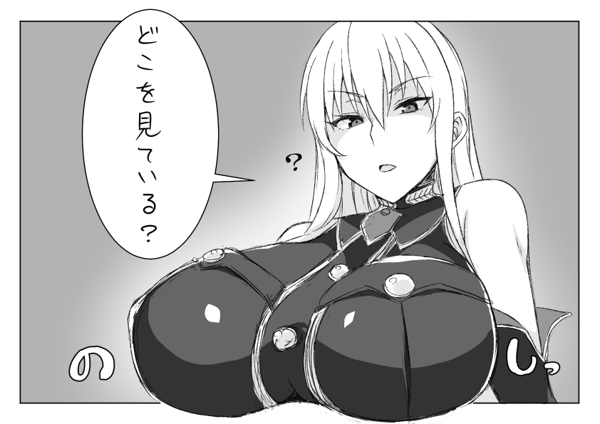 1girl, bare_shoulders, blush, breasts, grey_background, huge_breasts, long_hair, military