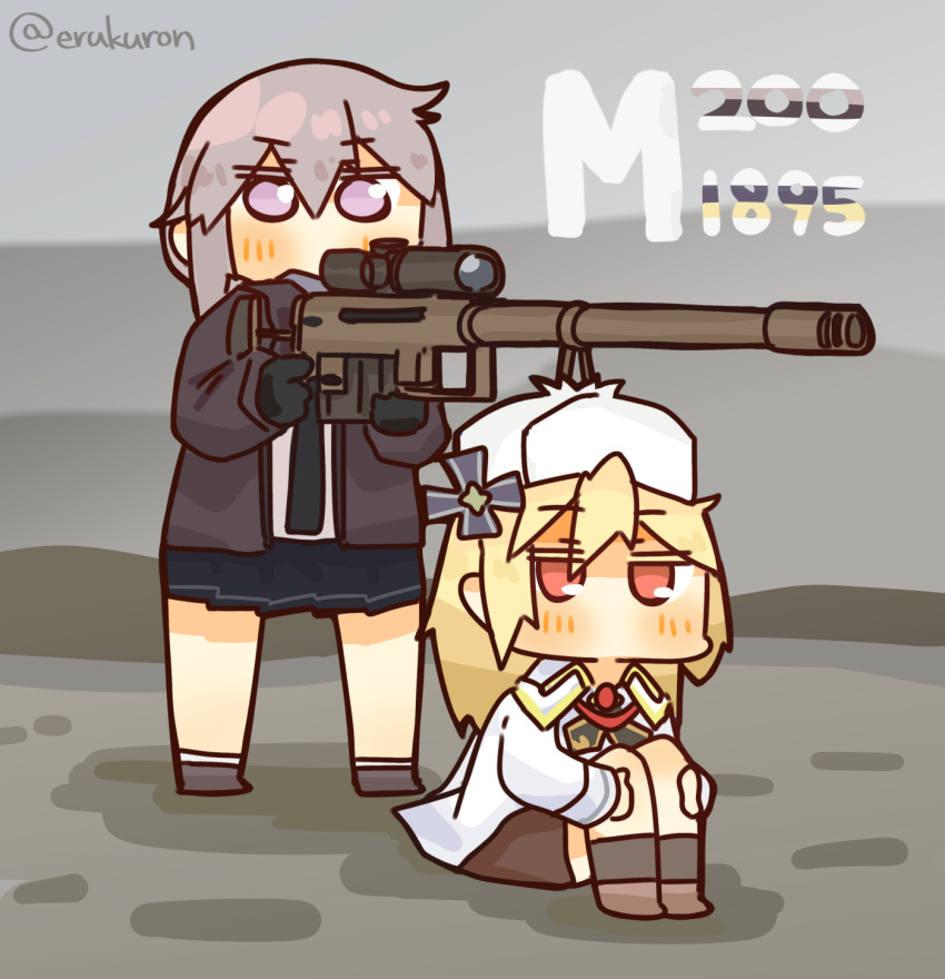 2girls, anti-materiel_rifle, artist_name, bangs, bipod, black_gloves, black_neckwear, black_skirt, blonde_hair, blush, bolt_action, boots, bow, brown_jacket, brown_skirt, character_name, check_commentary, cheytac_m200, chibi, coat, commentary_request, full_body, fur_hat, girls_frontline, gloves, grey_hair, gun, hat, highres, holding, holding_legs, holding_weapon, jacket, jitome, lcron, m200_(girls_frontline), medium_hair, multiple_girls, muzzle_brake, nagant_revolver_(girls_frontline), necktie, object_on_head, pleated_skirt, red_eyes, rifle, scope, shirt, shoes, sidelocks, sitting, skirt, sniper_rifle, standing, twitter_username, violet_eyes, weapon, white_coat, white_headwear, white_shirt