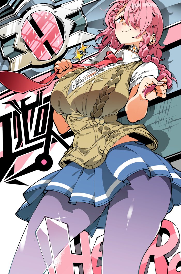 1girl, aran_sweater, blue_skirt, braided_bangs, breasts, brown_eyes, choker, commentary_request, commission, dokyuu_hentai_hxeros, hair_over_one_eye, huge_breasts, kafun, long_braid, looking_at_viewer, necktie, necktie_grab, neckwear_grab, pantyhose, pink_hair, purple_legwear, red_neckwear, school_uniform, shirayuki_maihime, shirt, skirt, smile, solo, sweater, sweater_vest, white_shirt