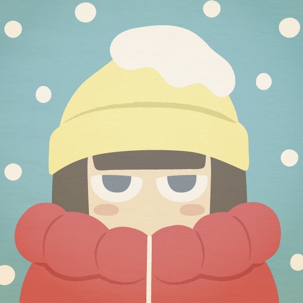 aqua_background, bangs, blue_eyes, blunt_bangs, blush_stickers, brown_hair, coat, commentary