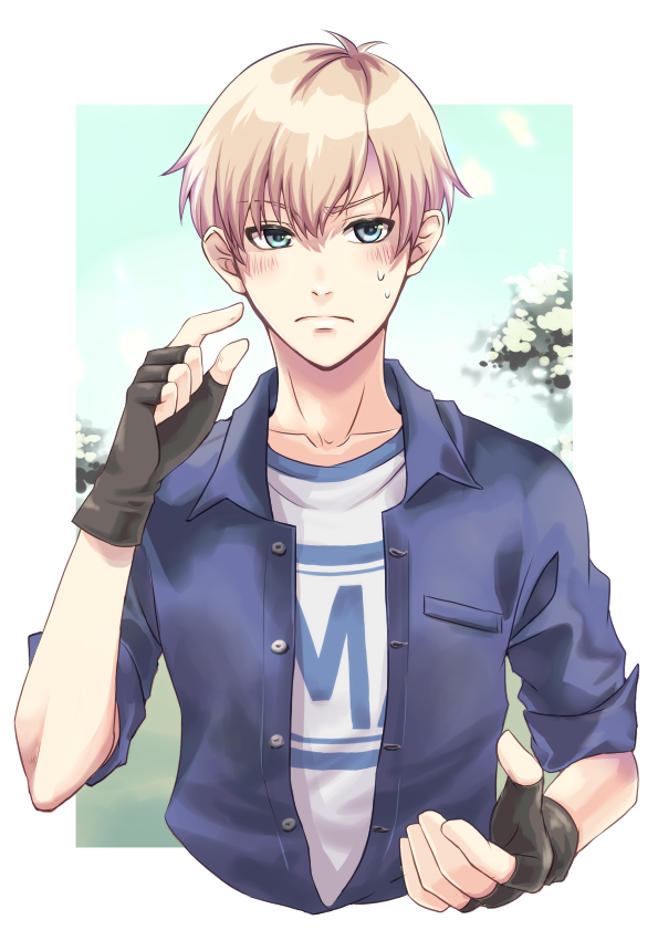 1boy, black_gloves, blonde_hair, blue_eyes, blush, day, fingerless_gloves, frown, gloves, harvest_moon, harvest_moon:_friends_of_mineral_town, hisayo_pic, looking_at_viewer, male_focus, outdoors, solo, sweatdrop, upper_body