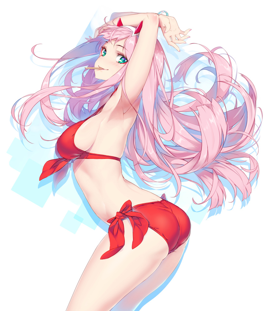 1girl, absurdres, arched_back, armpits, arms_up, ass, bikini, blush, bracelet, breasts, closed_mouth, darling_in_the_franxx, eyeliner, from_side, front-tie_bikini, front-tie_top, green_eyes, highres, hong_(white_spider), horns, jewelry, long_hair, looking_at_viewer, makeup, medium_breasts, mouth_hold, paid_reward, patreon_reward, pink_hair, popsicle_stick, red_bikini, sideboob, sidelocks, smile, solo, strap_gap, swimsuit, very_long_hair, zero_two_(darling_in_the_franxx)